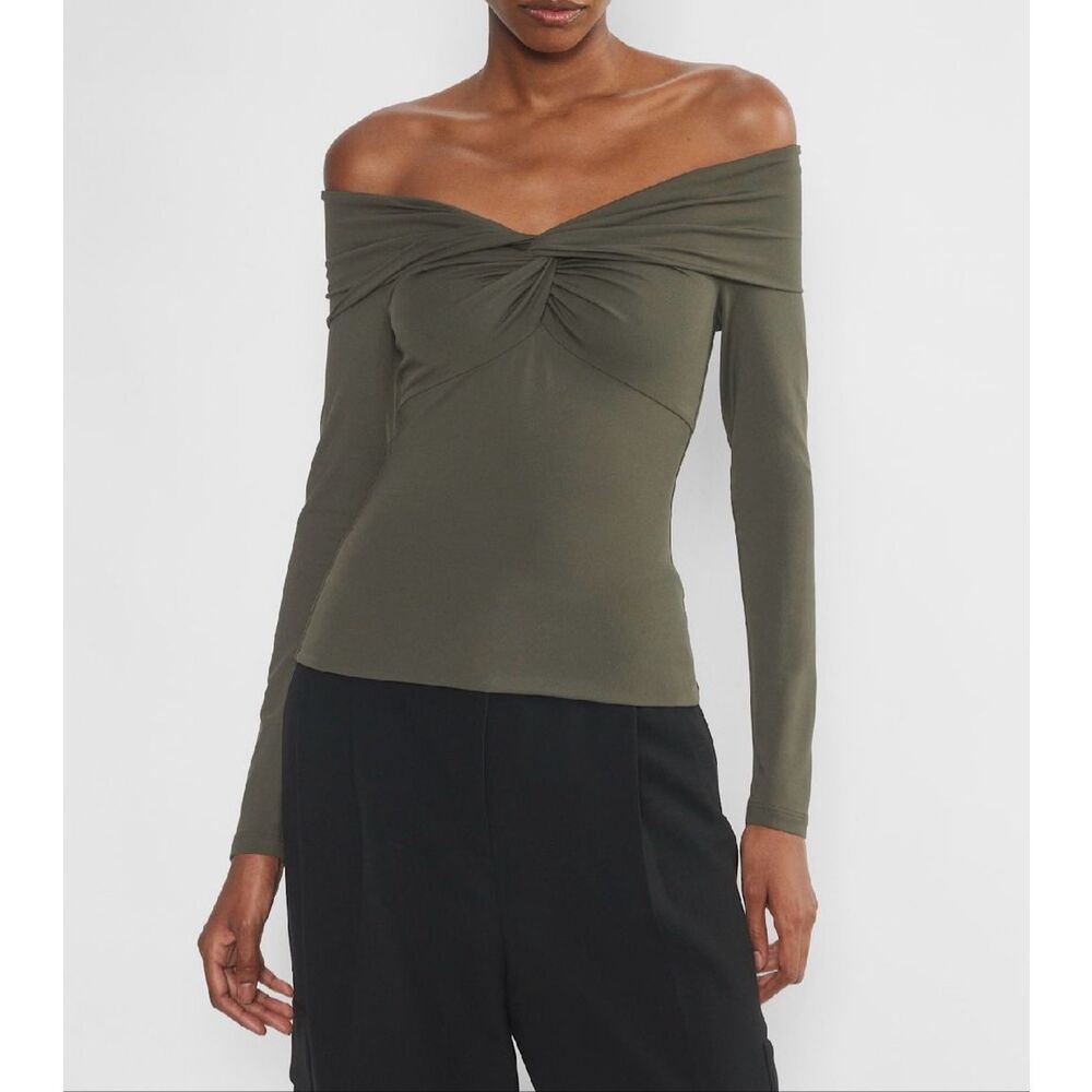 Aritzia Contour Women's Twist Off-Shoulder Longsleeve Top Dark Olive XS NEW